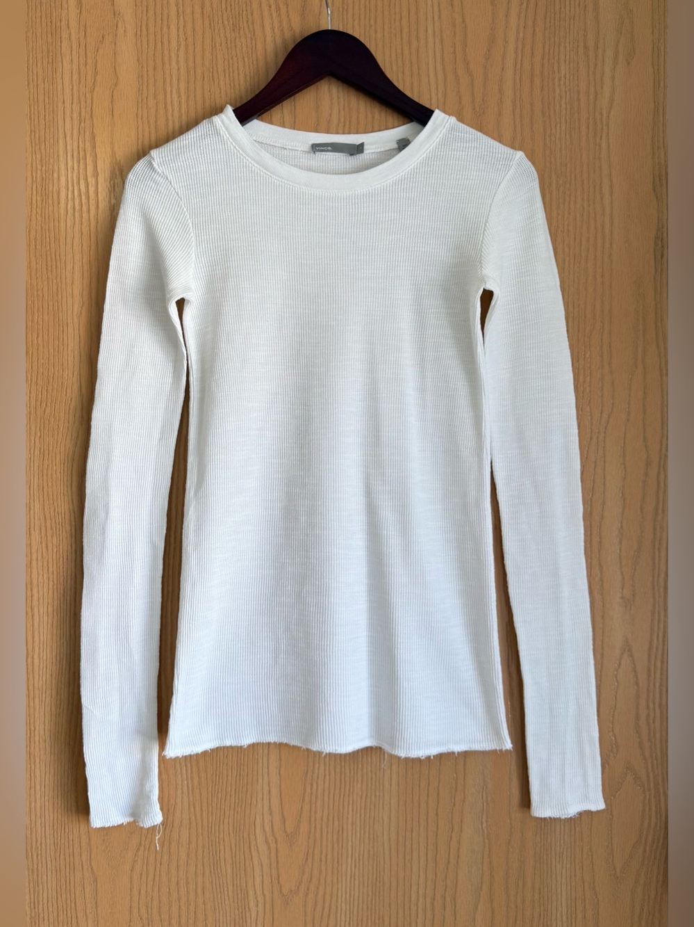 Vince | Women Small | White Waffle Long Sleeve Cotton Shirt | Crew Neck Slim Fit